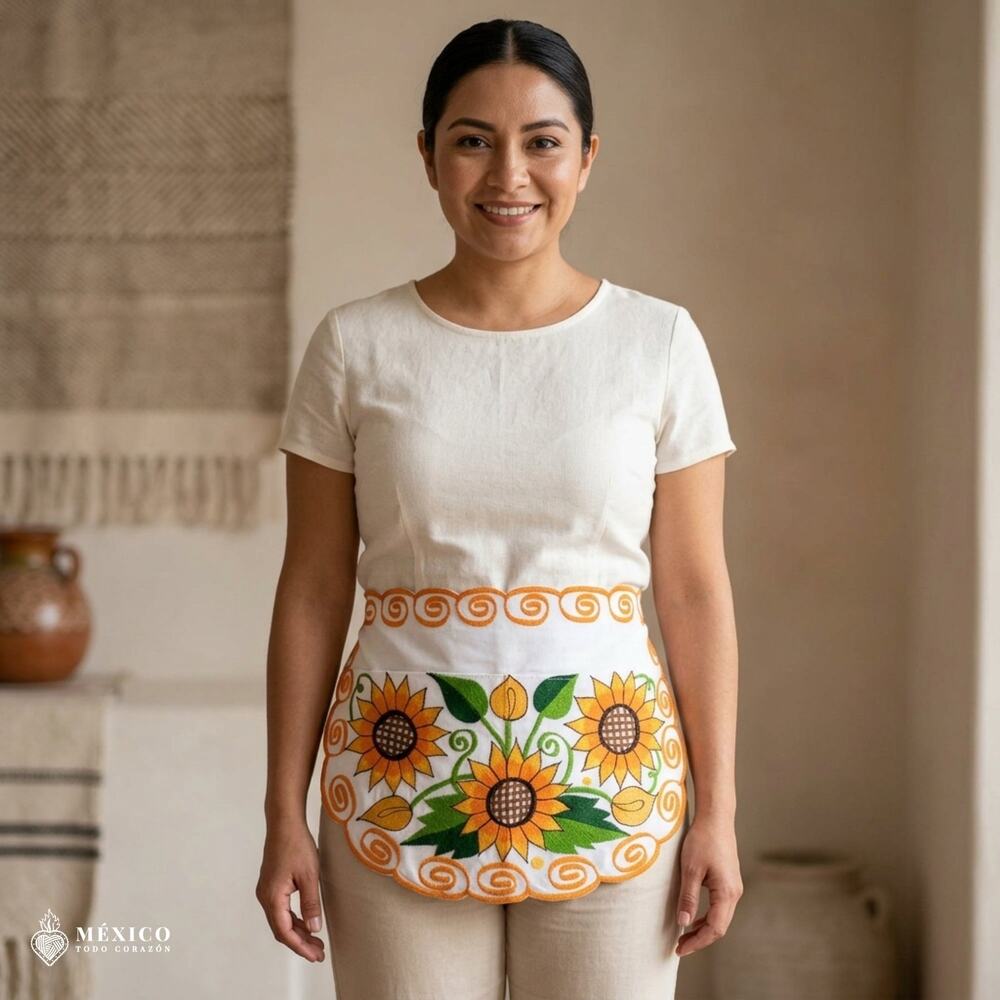 Mexican Embroidered Waist Apron – Floral Pocket Design, Traditional Tie Apron